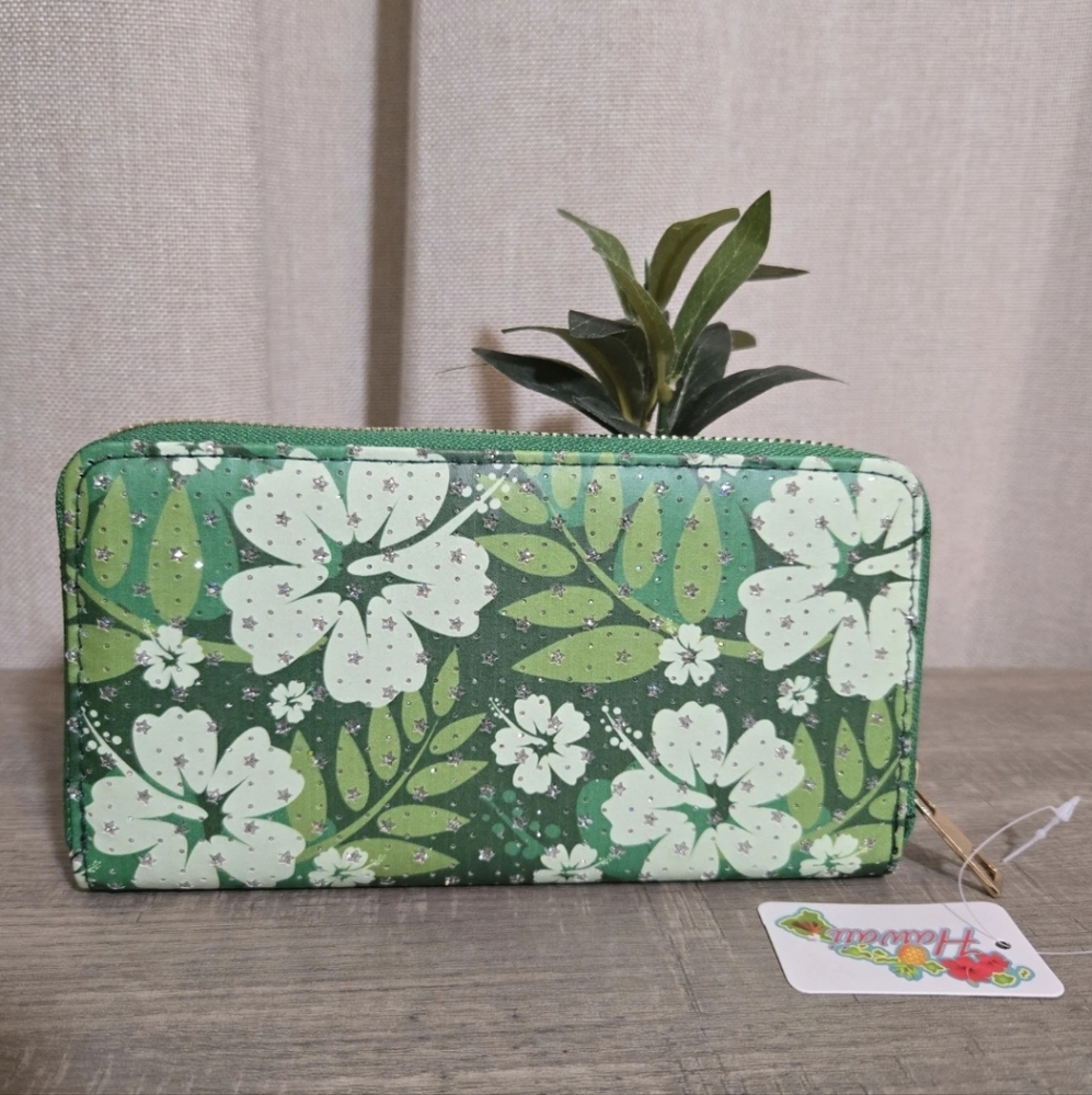 Hawaiian Hibiscus Full Zip Around Wallet Tropical Sparkle NWT